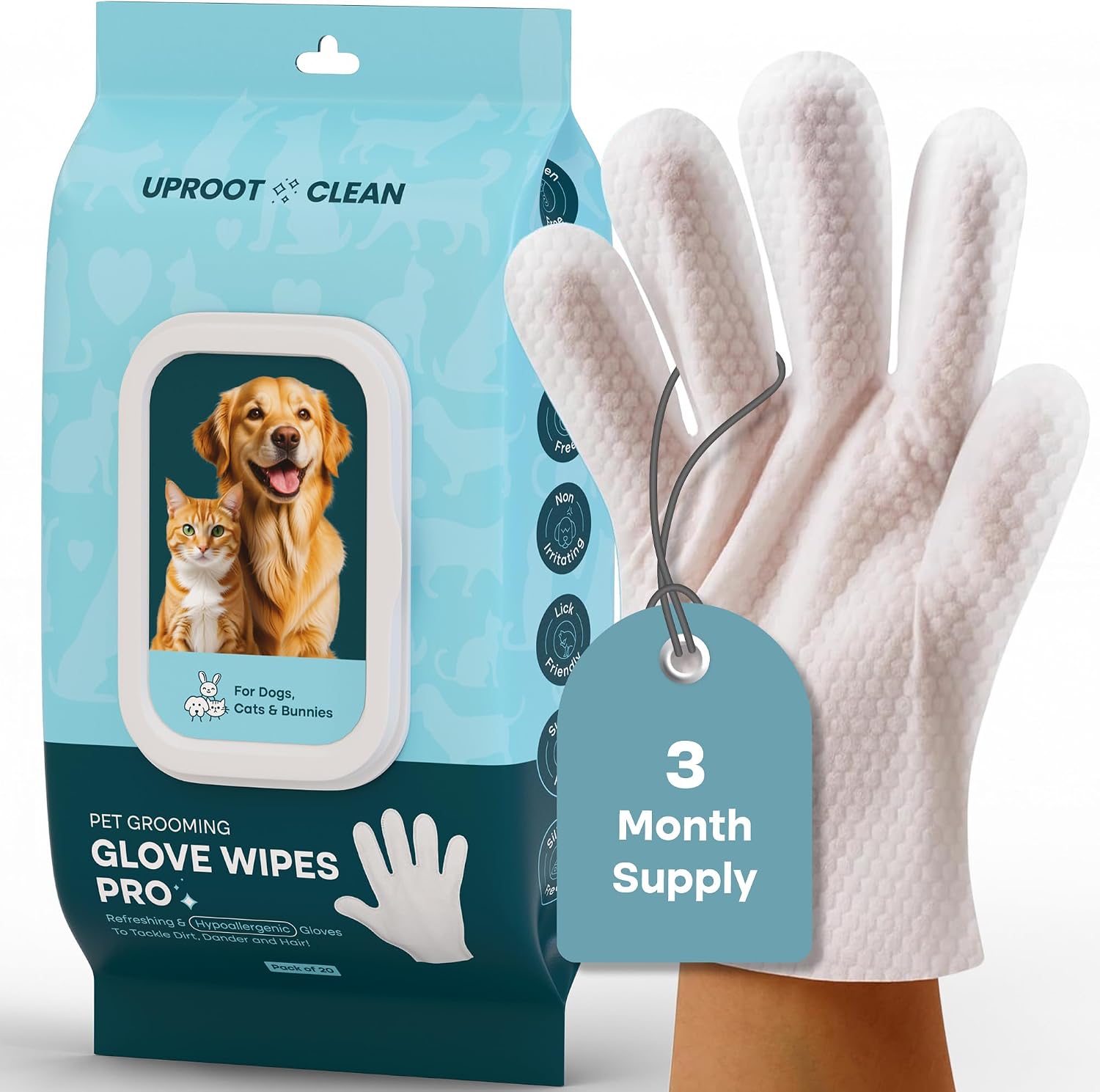 Uproot Clean QuickClean Gloves Pro front packaging view for premium waterless pet grooming.