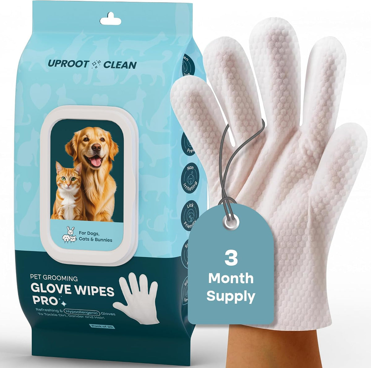 Uproot Clean QuickClean Gloves Pro front packaging view for premium waterless pet grooming.