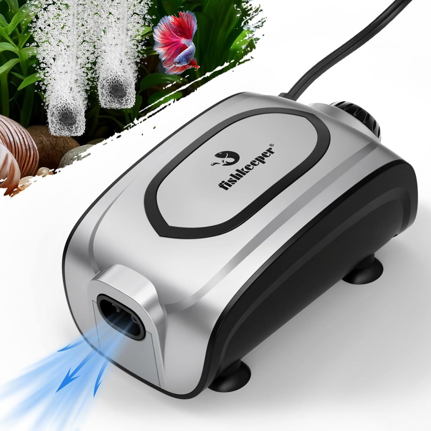 Fishkeeper aquarium air pump operational in a home fish tank setup