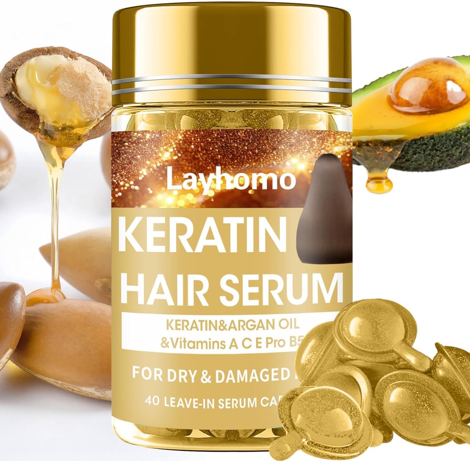 Layhomo Keratin Hair Treatment Serum front view showcasing forty leave in oil capsules for intense frizz control.