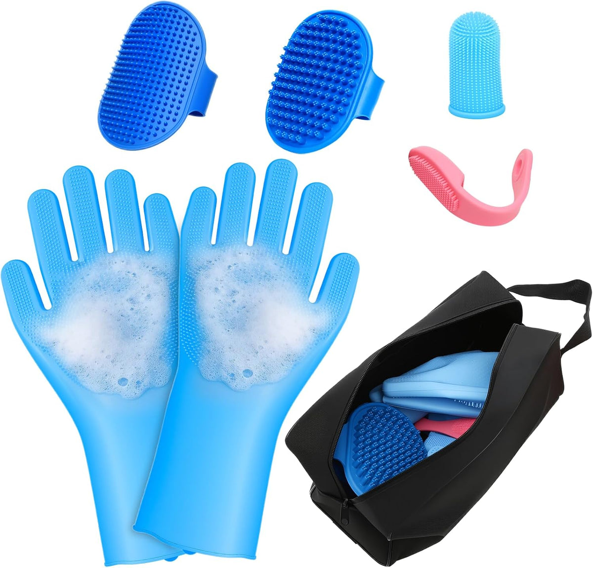 7 PCS Pet Grooming Kit for Dogs and Cats | Dog Washing Gloves | Dog Bath Brush | Cleanroom Gloves | Dog Shampoo Brush | Finger Toothbrushes | Storage Bag | All-in-One Pet Care (Pink) - Image 12