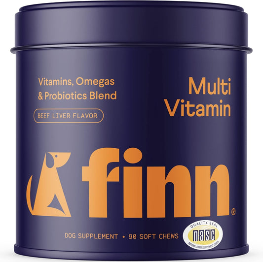 Finn All-in-1 Dog Multivitamin 90 soft chews front packaging showing pet wellness formula.