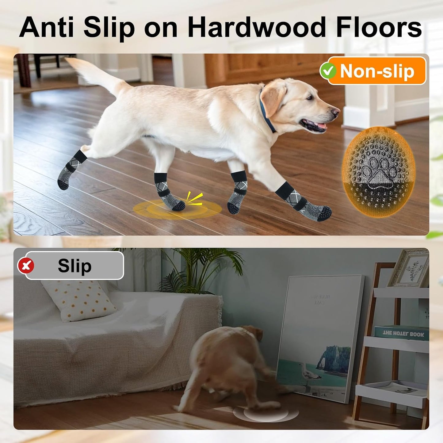 Small medium dog wearing protective socks for paw licking prevention