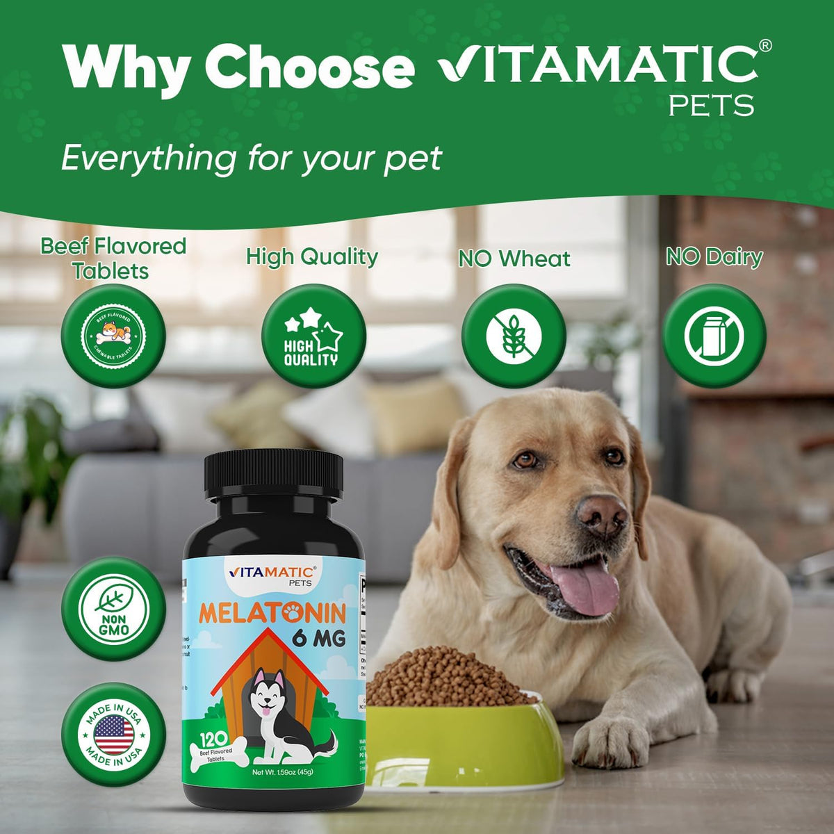 Side view of Vitamatic dog melatonin bottle featuring ingredients and certified formulation details.