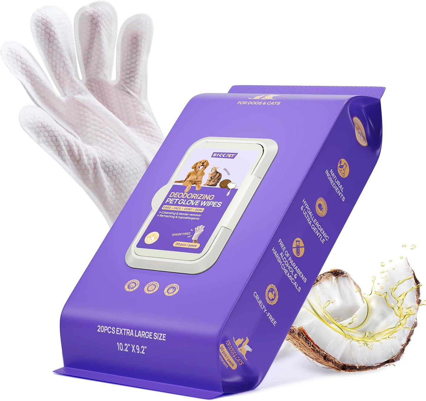 HICC PET Dog Wipes Cleaning Deodorizing Glove Wipes for Dogs, Cats & Horses, Vet Recommended Hypoallergenic Hydrating & Nourishing Pet Wipes for Eyes, Ears, Butt & Paws, No-Rinse, 20pcs Coconut Scent - Image 11