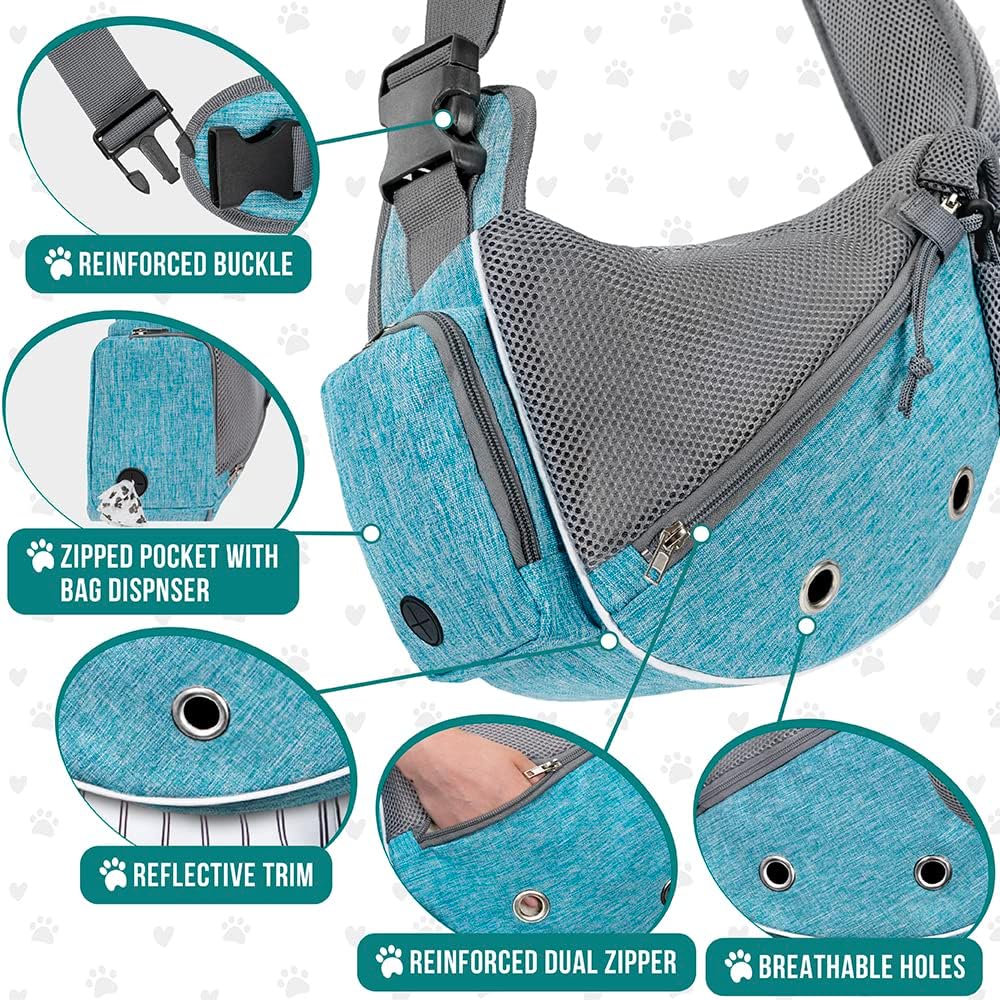 Close up of PetAmi pet sling poop bag dispenser feature