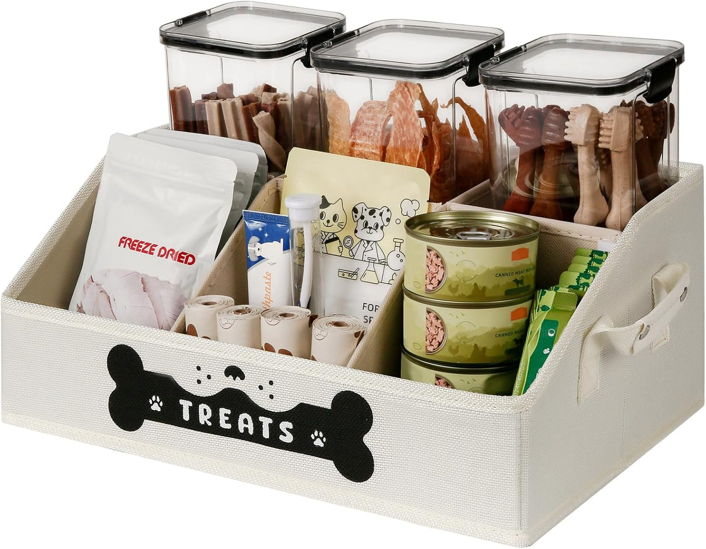 Dog Treat Container, Dogs Storage Organizer with Removable Dividers, Collapsible Dogs Treat Holder for Countertop, Trapezoid Pet Treats Containers, Dog Toy Basket with PU Handles, Medium, Gray - Image 9