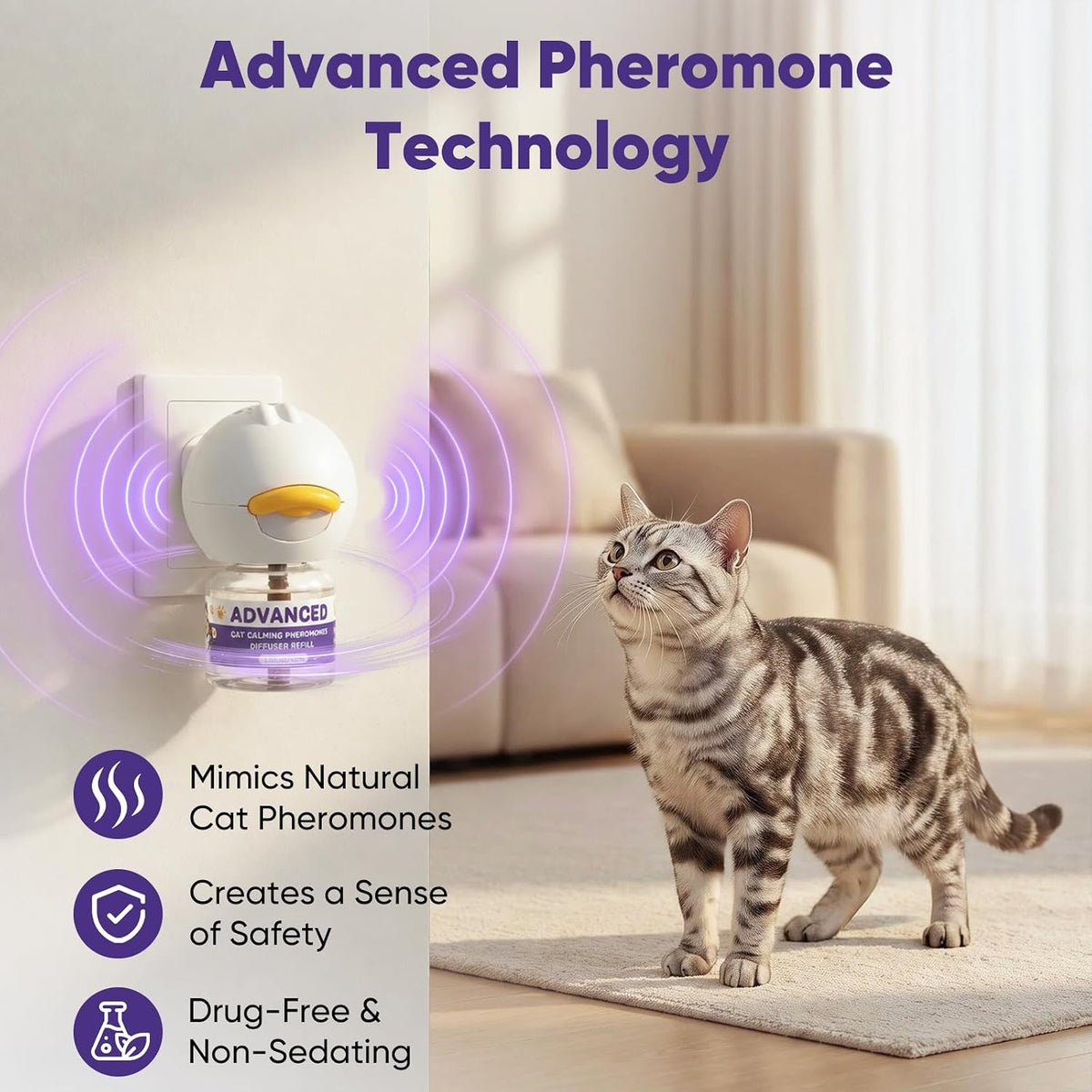 Cat Calming Diffuser with Advanced Pheromone Technology, 120 Days Plug in Diffuser for Multi Cat Home, Reduce Stress, Urine Spraying, Scratching, Hiding, Support Calm Behavior, 2 Diffusers, 4 Refills - Image 3