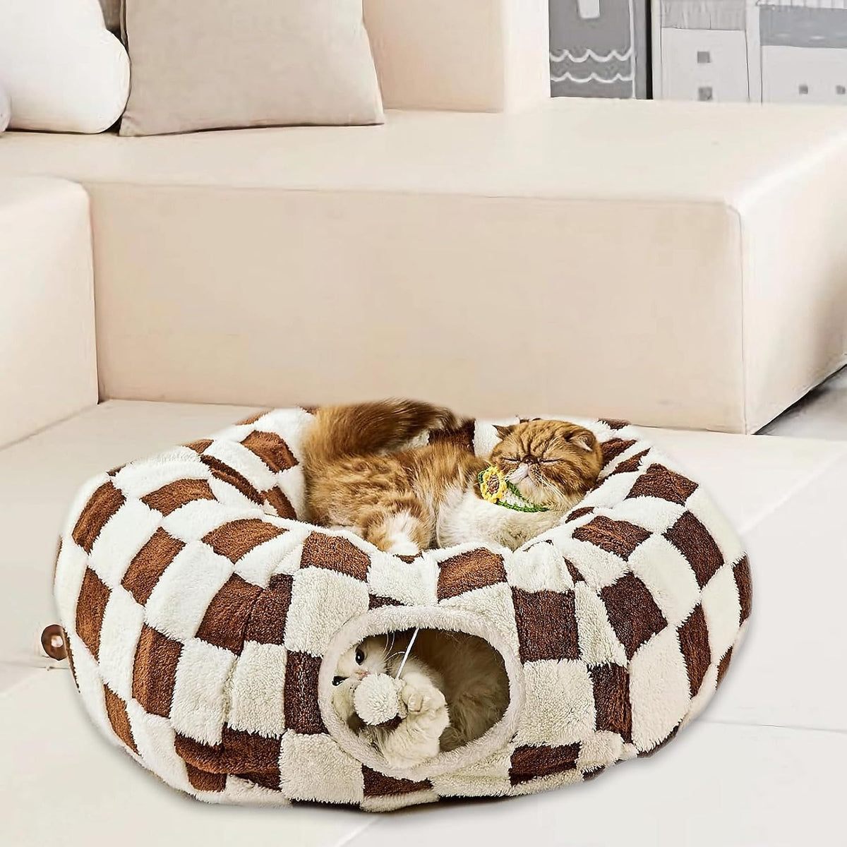 DFENGDF indoor kitten tube toy with attached interactive hanging fluffy balls hanging at entrance