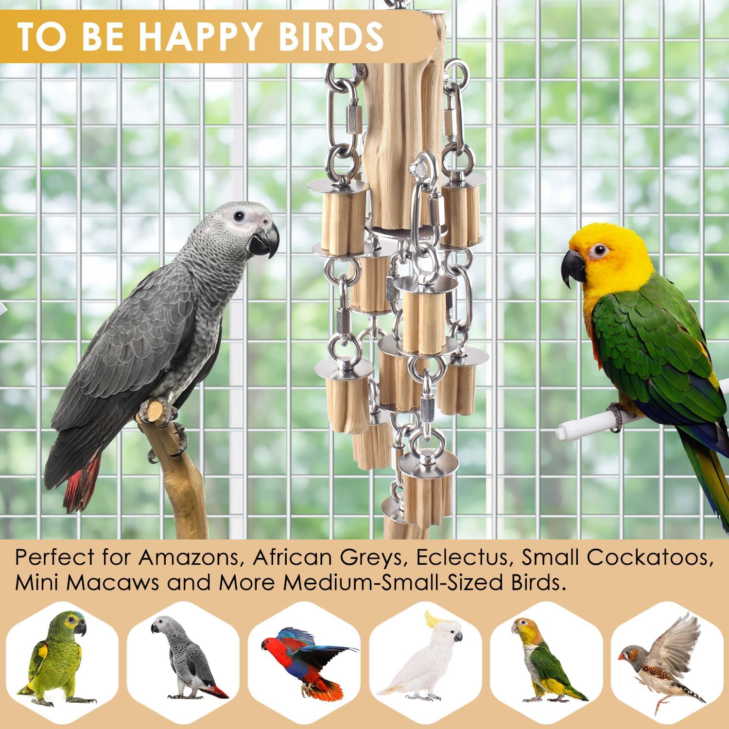 Premium stainless steel bird toy installed inside a large aviary cage.