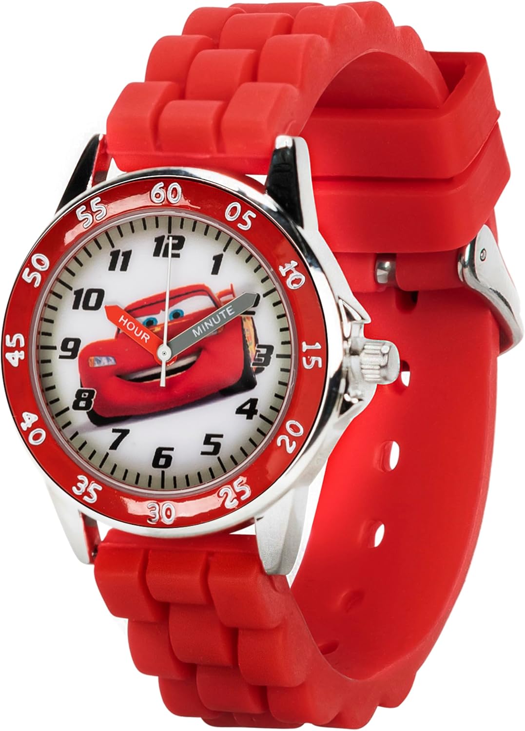 Kids time teaching analog wrist watch from Disney Cars franchise flat lay view.