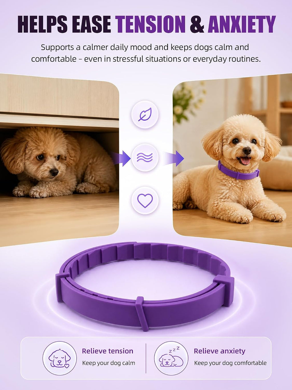 Bionic pheromone technology explanation on dog calming collar packaging