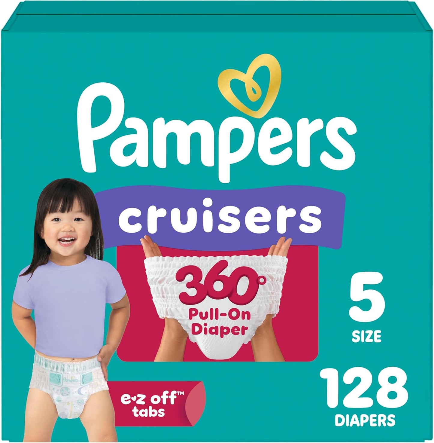 Pampers Cruisers 360 diaper pack front view showcasing premium packaging and size 5 count details