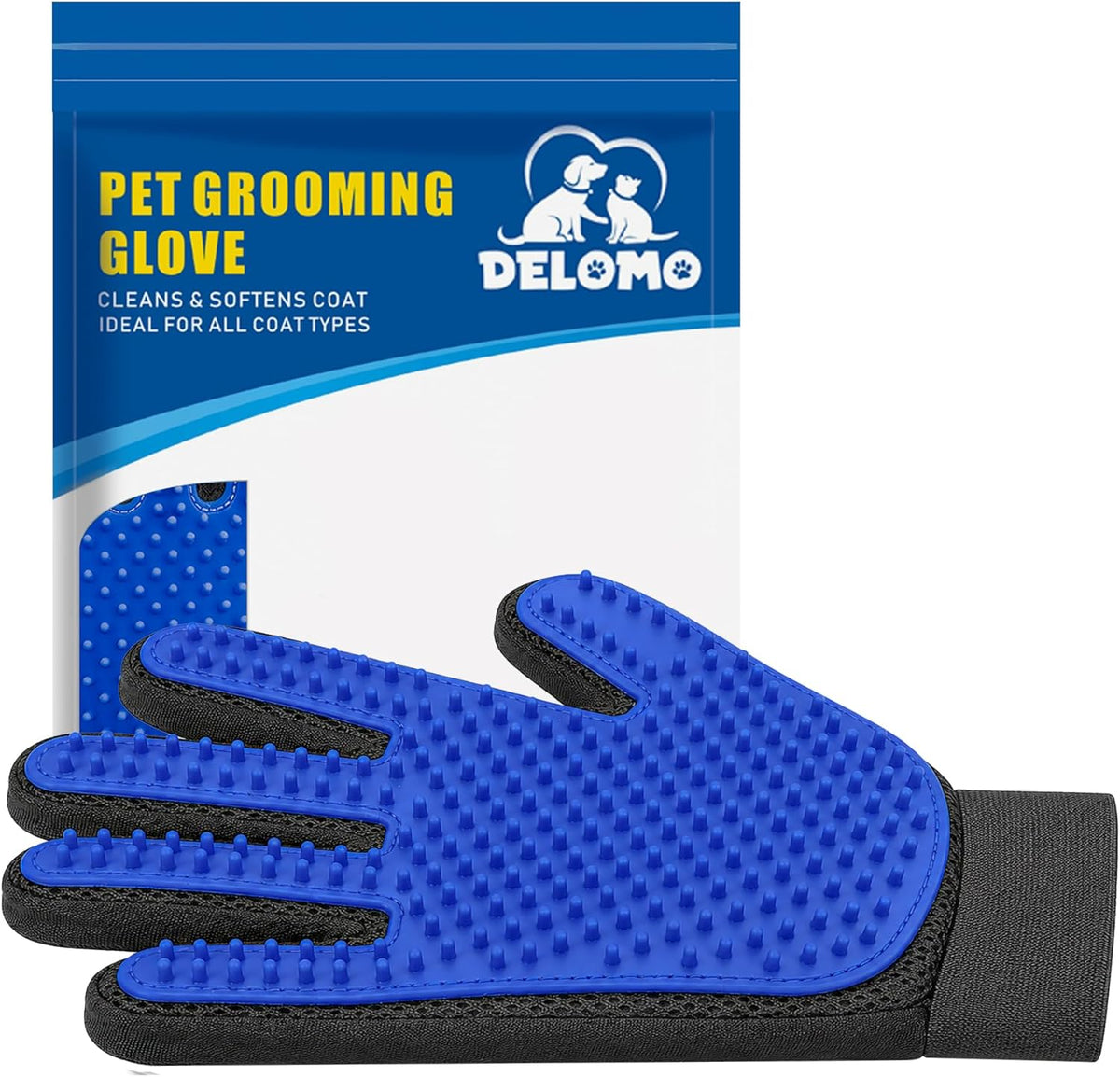 DELOMO pet hair remover glove front view showing blue silicone tips for grooming