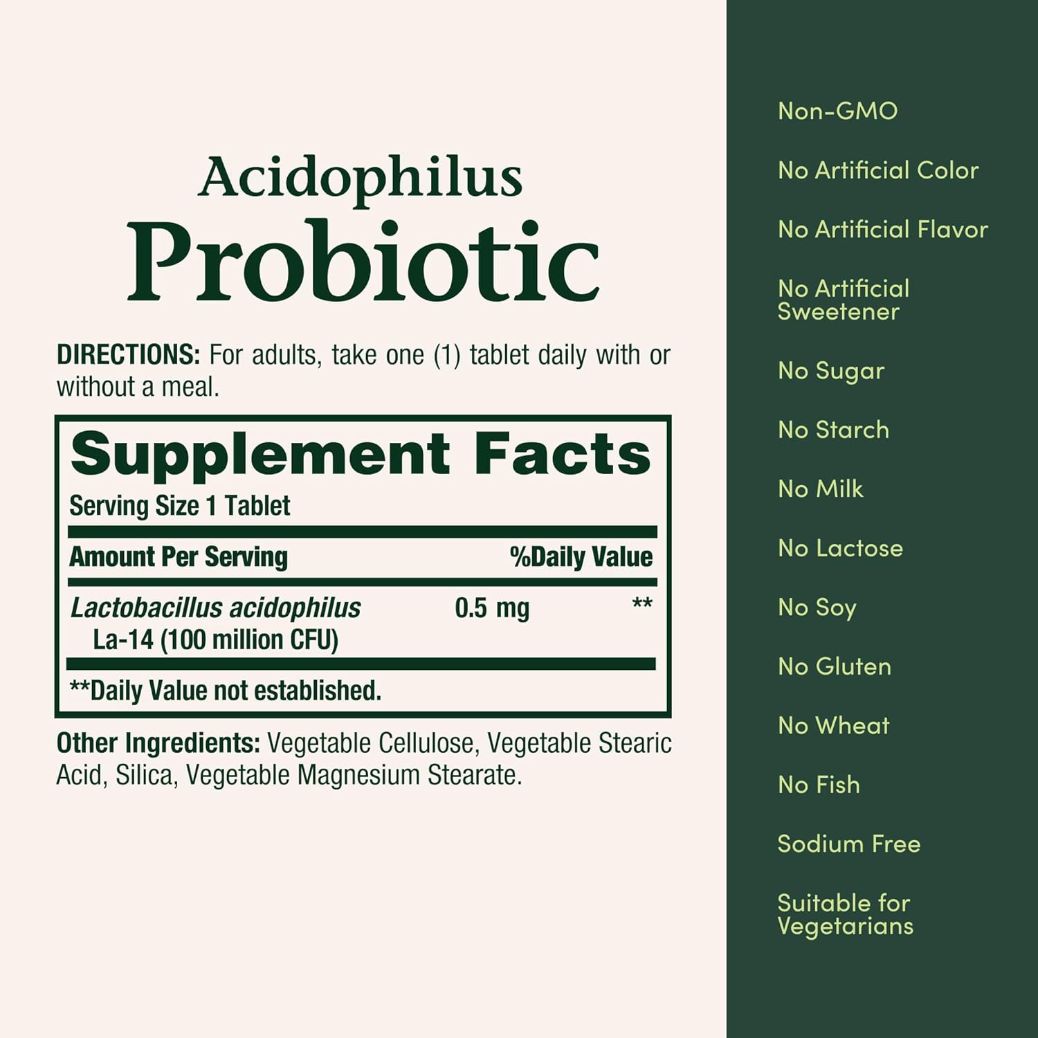 Nature's Bounty Acidophilus daily gut health supplement unflavoured vegetarian tablet visual representation.