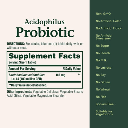 Nature's Bounty Acidophilus daily gut health supplement unflavoured vegetarian tablet visual representation.