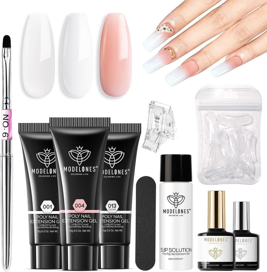 Modelones poly gel nail kit front view showcasing three extension gel tubes and essentials