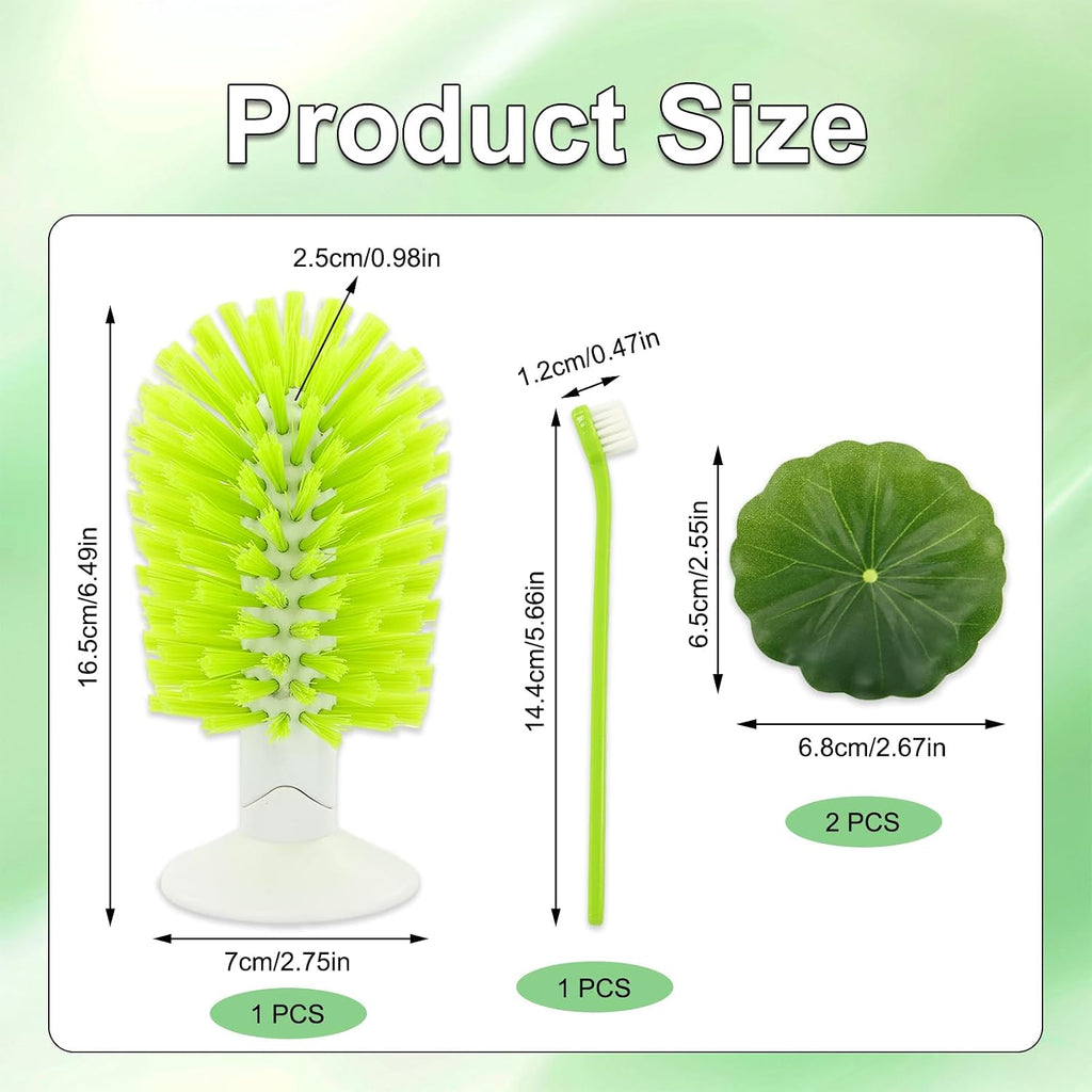 Long-handled turtle tank cleaning brush alongside two large decorative artificial duckweed lotus leaves.