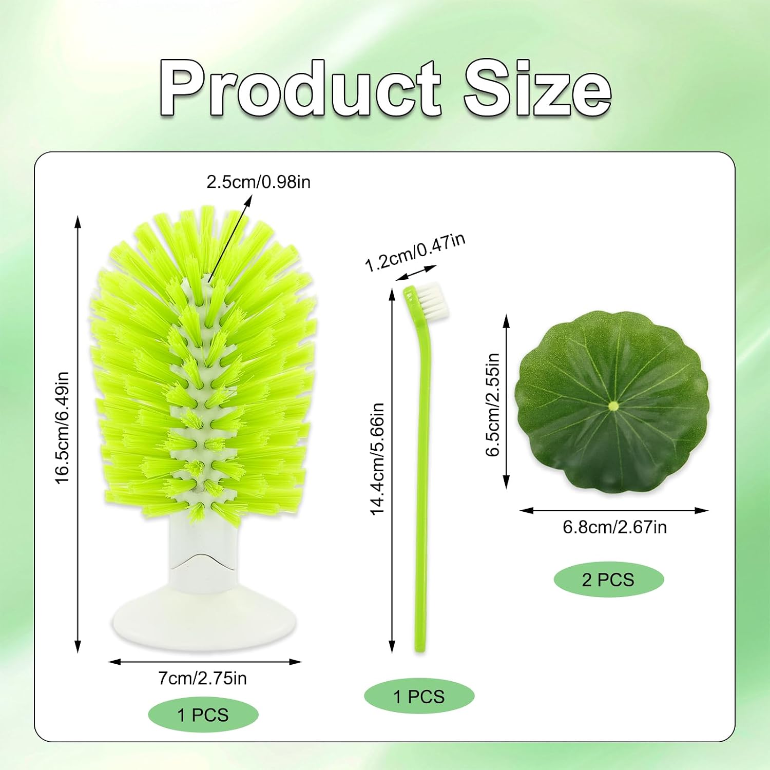 Long-handled turtle tank cleaning brush alongside two large decorative artificial duckweed lotus leaves.