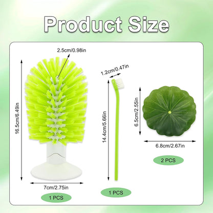 Long-handled turtle tank cleaning brush alongside two large decorative artificial duckweed lotus leaves.