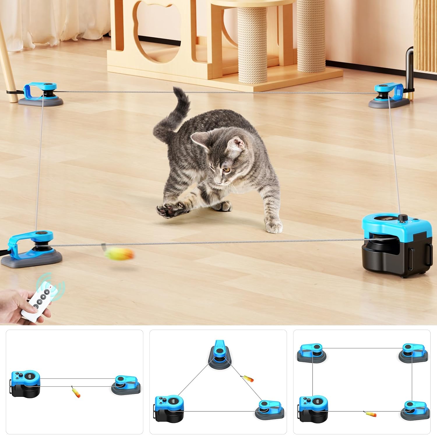 AsFrost Upgraded Interactive Cat Toy front view showcasing the sky blue main automated hub.