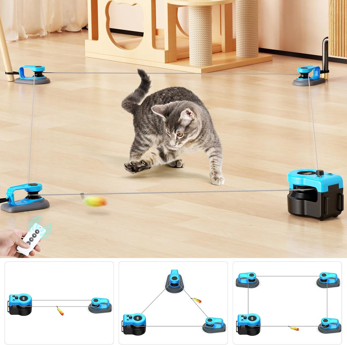 AsFrost Upgraded Interactive Cat Toy front view showcasing the sky blue main automated hub.