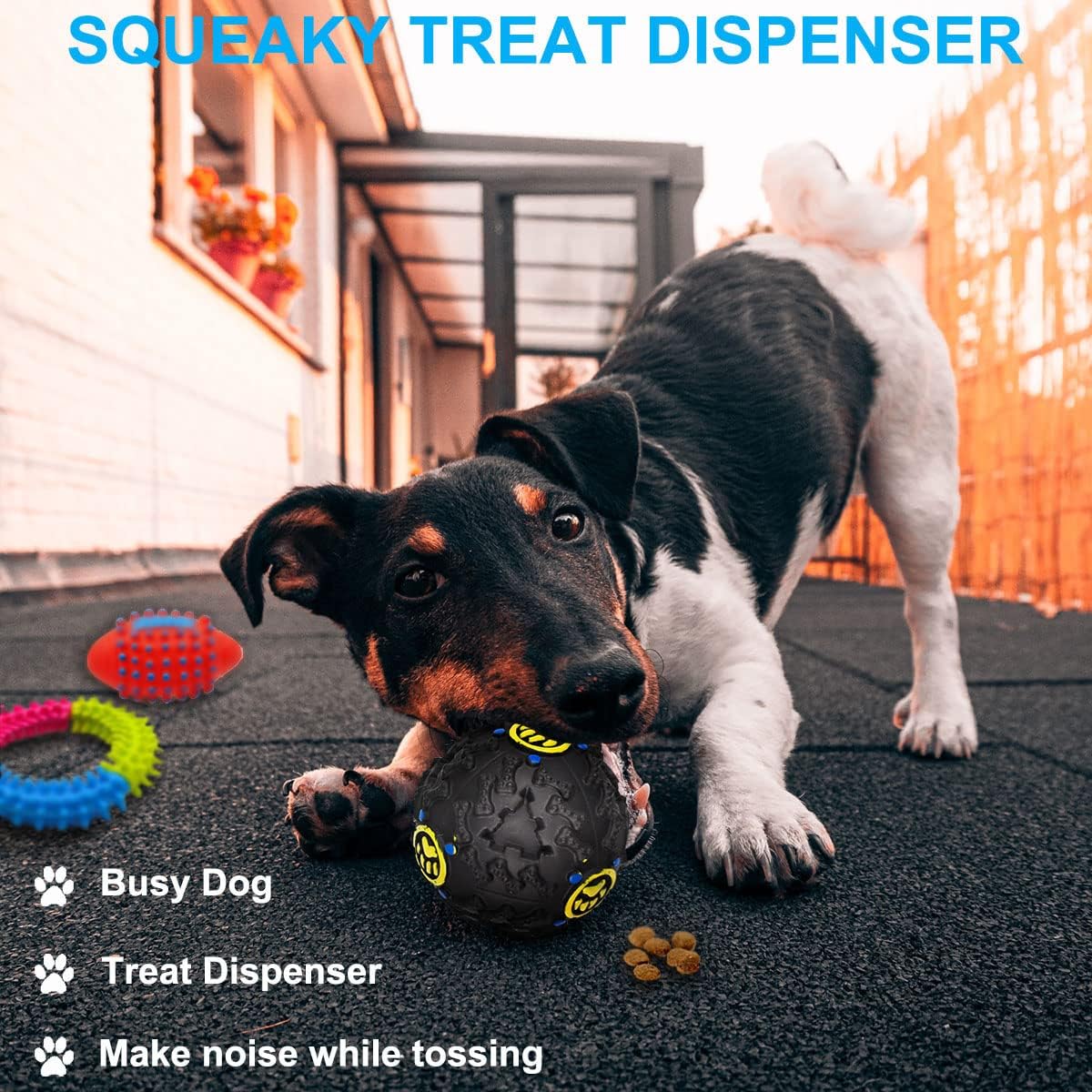 Beiker IQ treat dispensing ball with orange and yellow puppy chew toys