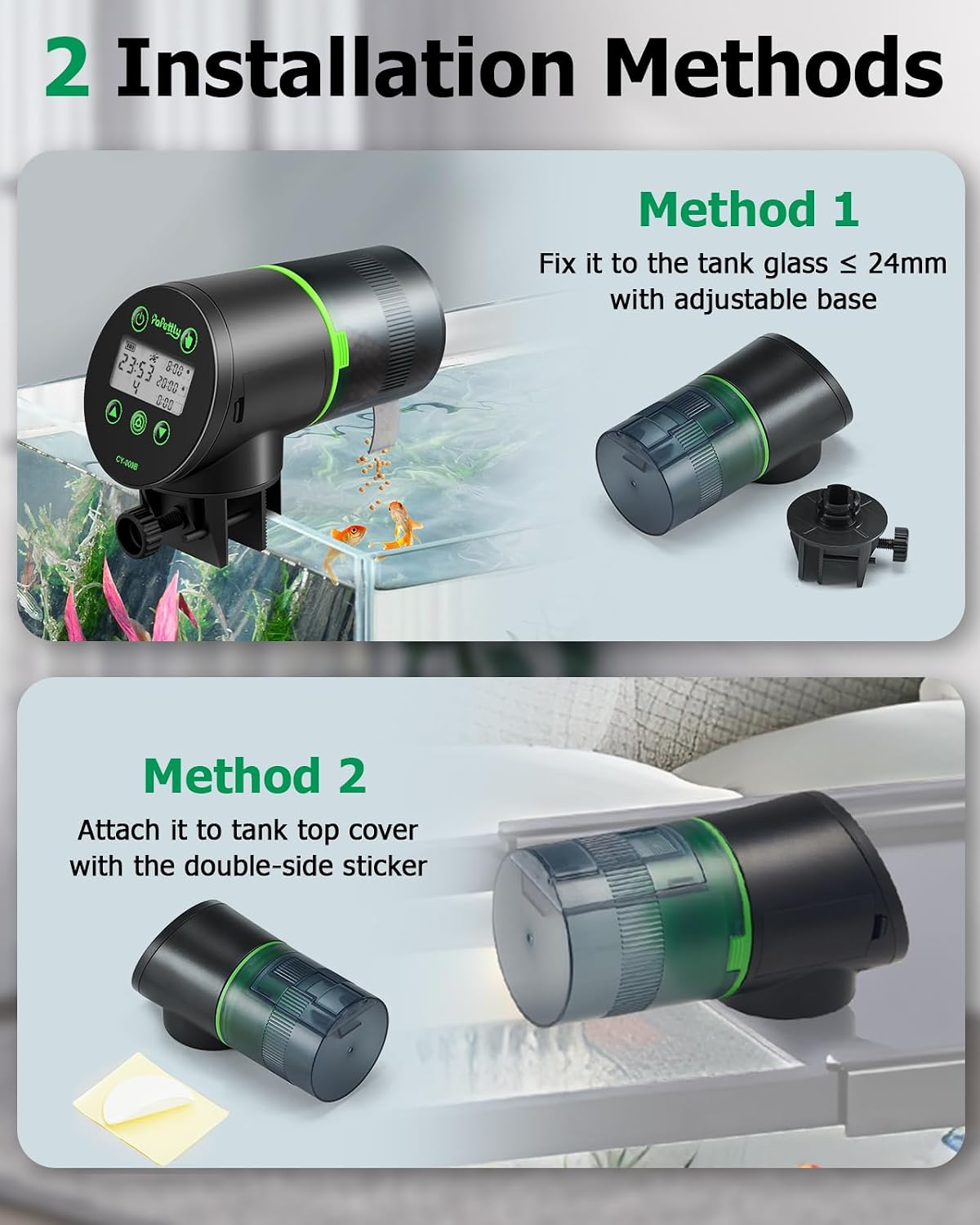 Papettly automatic fish feeder demonstrating flake food dispensing action into an aquarium.
