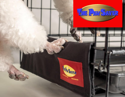 Grooming Safety by Jessica The Paw Saver medium black front view installed on wire dog crate threshold.