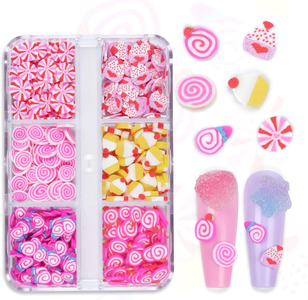 Tyuimhx 6 Grids Sweet Food Nail Art Slices front view showing multi-colored candy and cake polymer clay charms