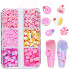 Tyuimhx 6 Grids Sweet Food Nail Art Slices front view showing multi-colored candy and cake polymer clay charms