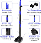 Blue adjustable stainless steel long handle pooper scooper for large dogs.