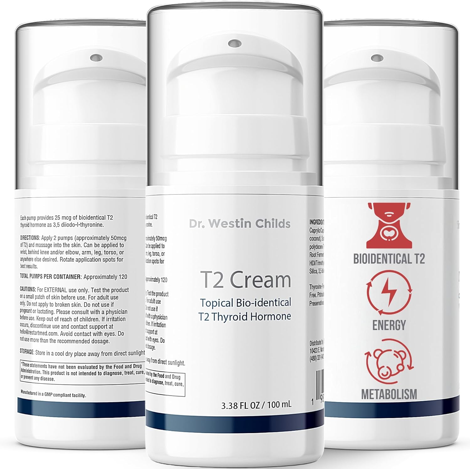 Dr. Westin Childs T2 Cream front view of the bottle showcasing thyroid support lotion benefits.