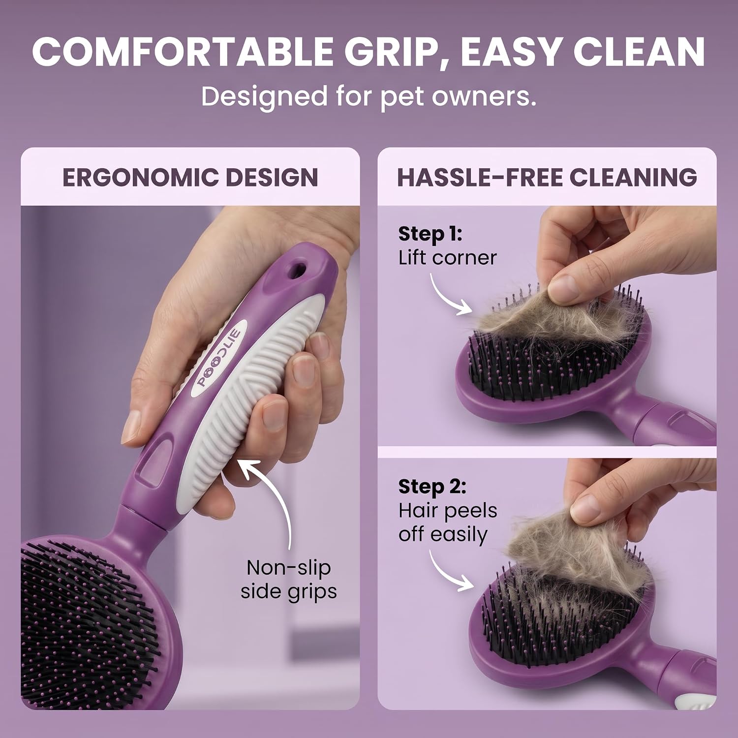 Poodlie pet comb showing thumb rest and hanger hole design