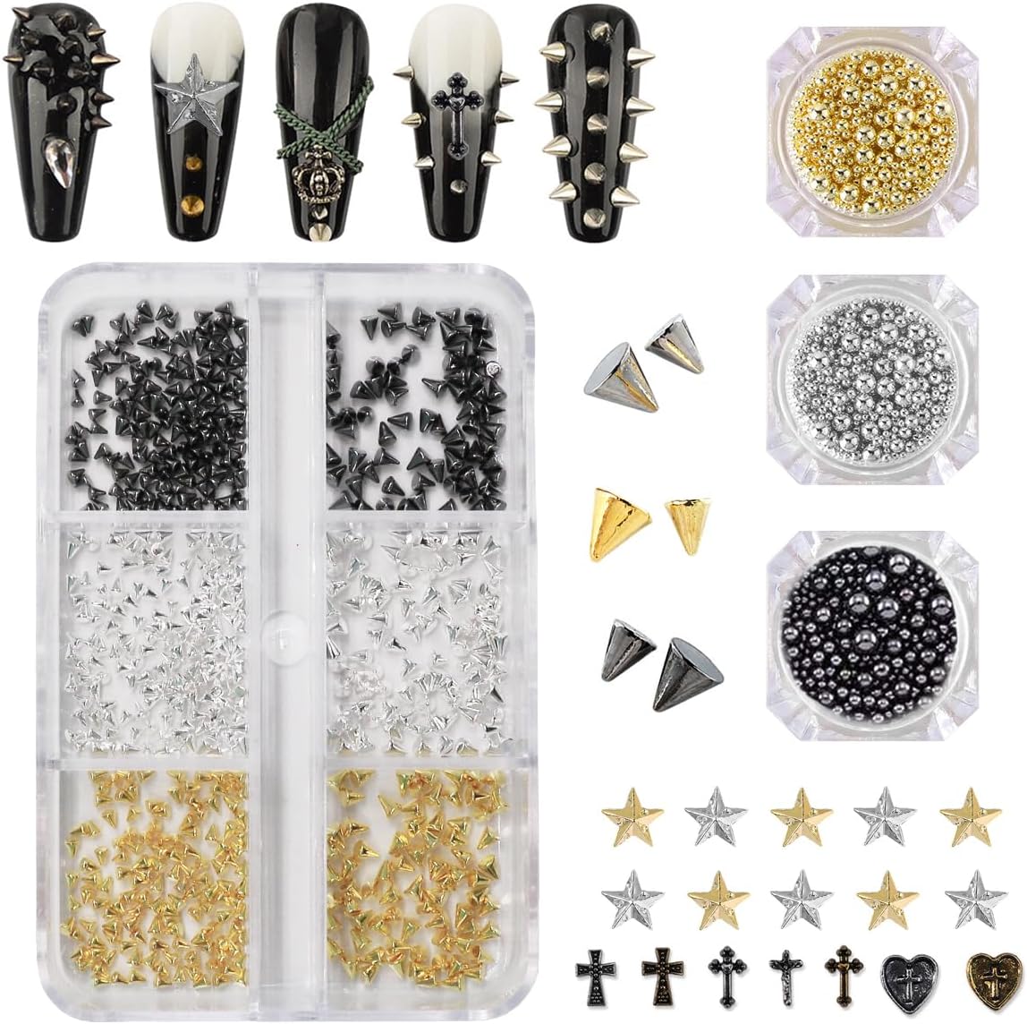 Tatiwoo 3D mini goth nail art studs front view in storage box