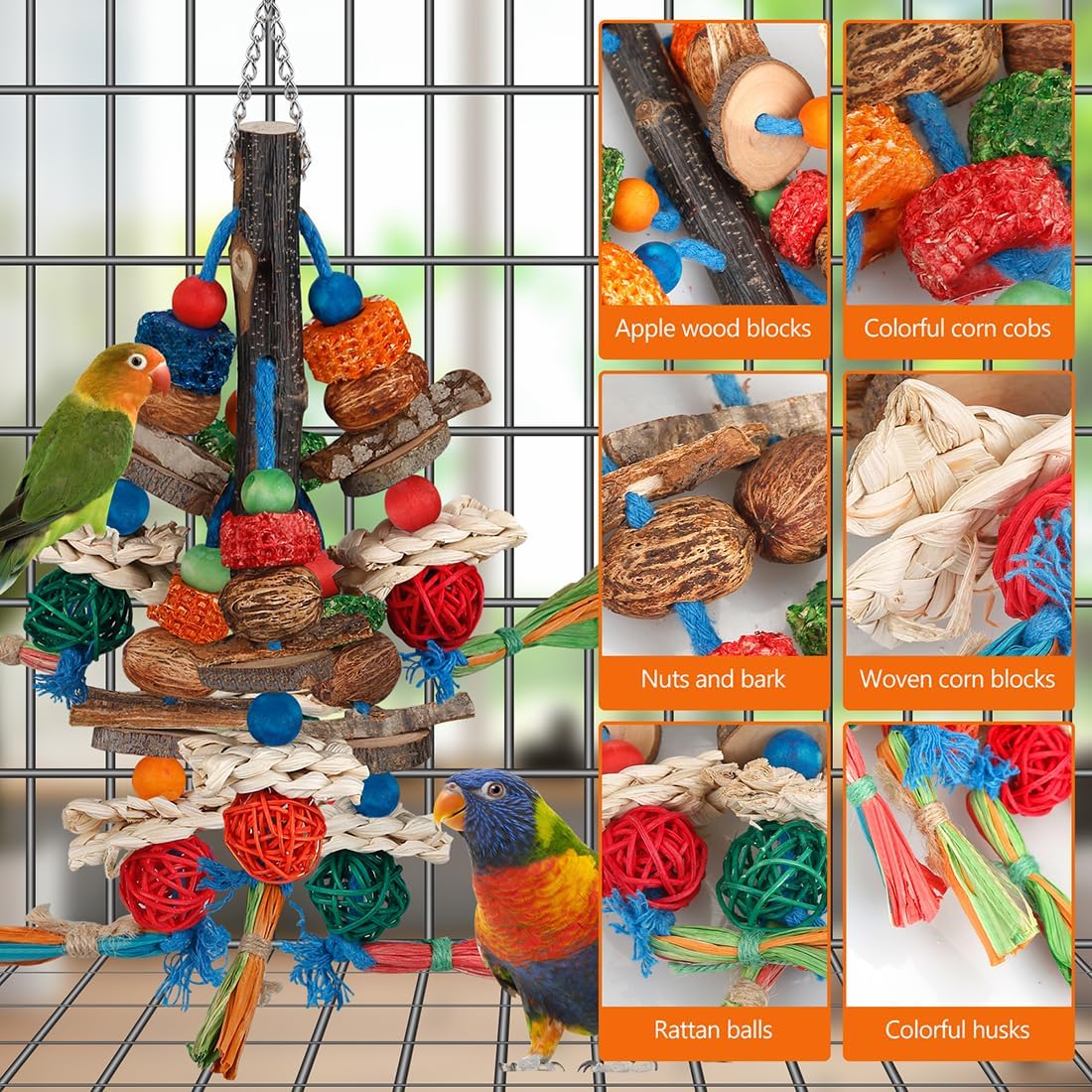 Hanging bird toy showing organic corn cobs and woven elements