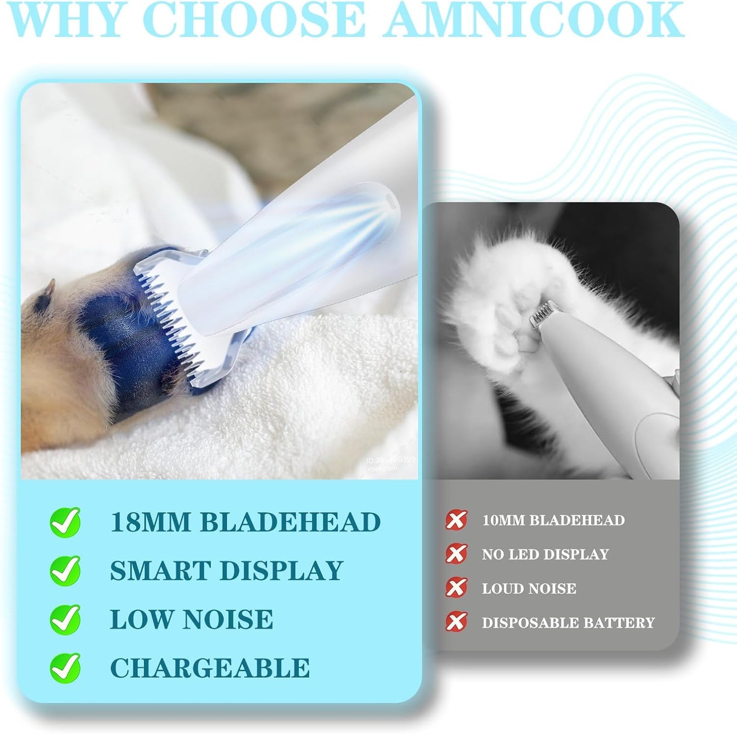 AMNICOOK safe pet hair trimmer illuminating a dog paw with its built in LED light
