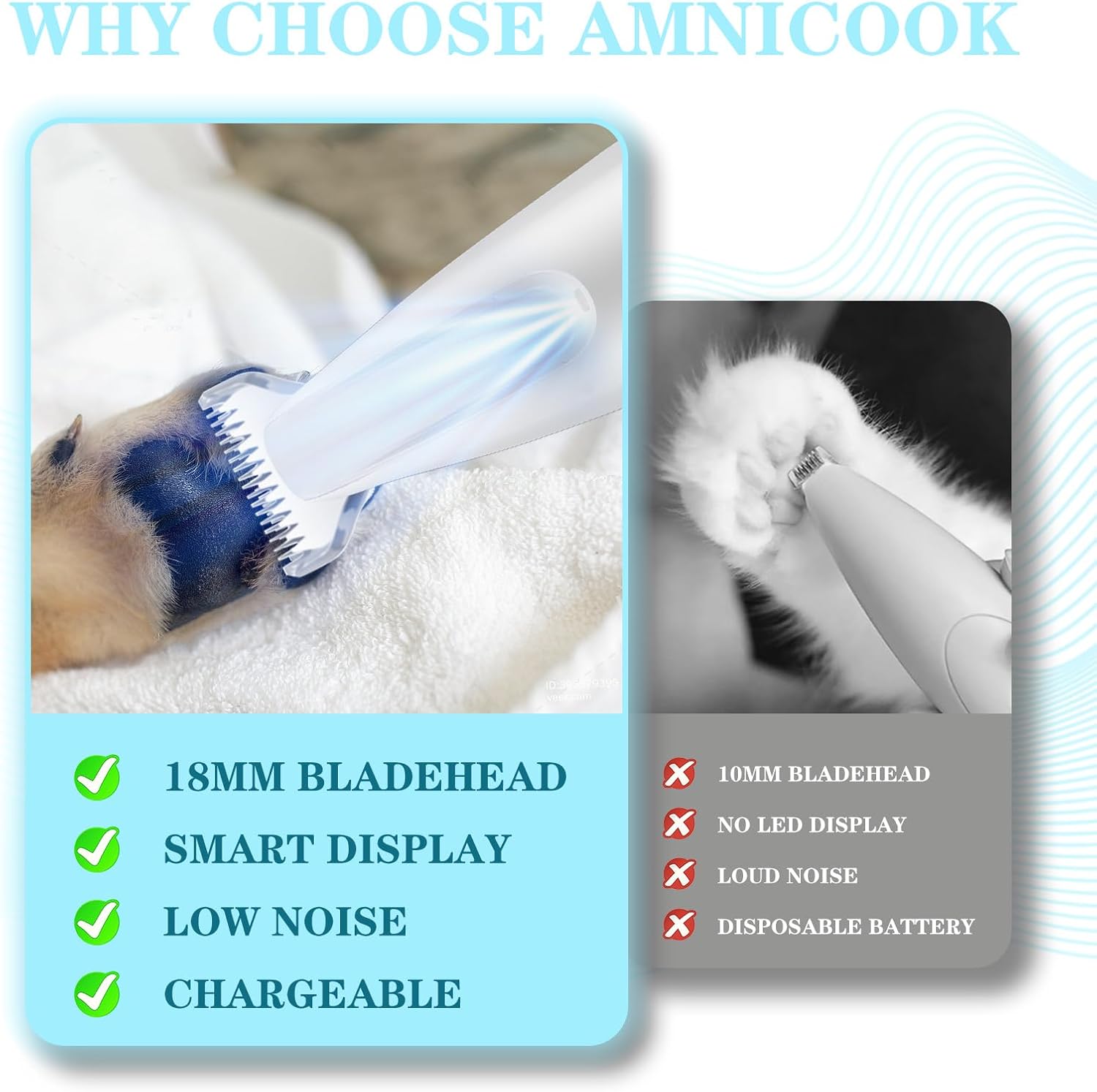 AMNICOOK safe pet hair trimmer illuminating a dog paw with its built in LED light