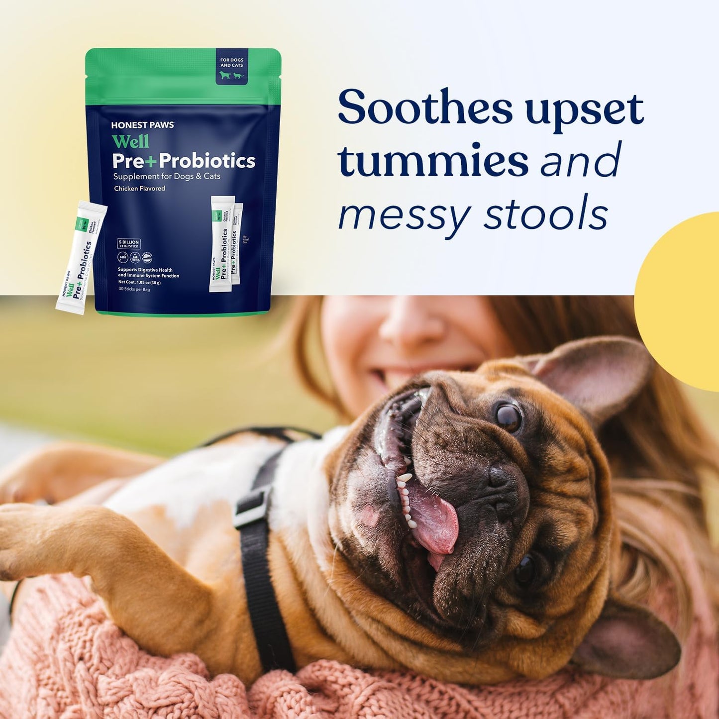 Honest Paws Well Pre and Probiotics packaging detailing 5 billion CFUs.