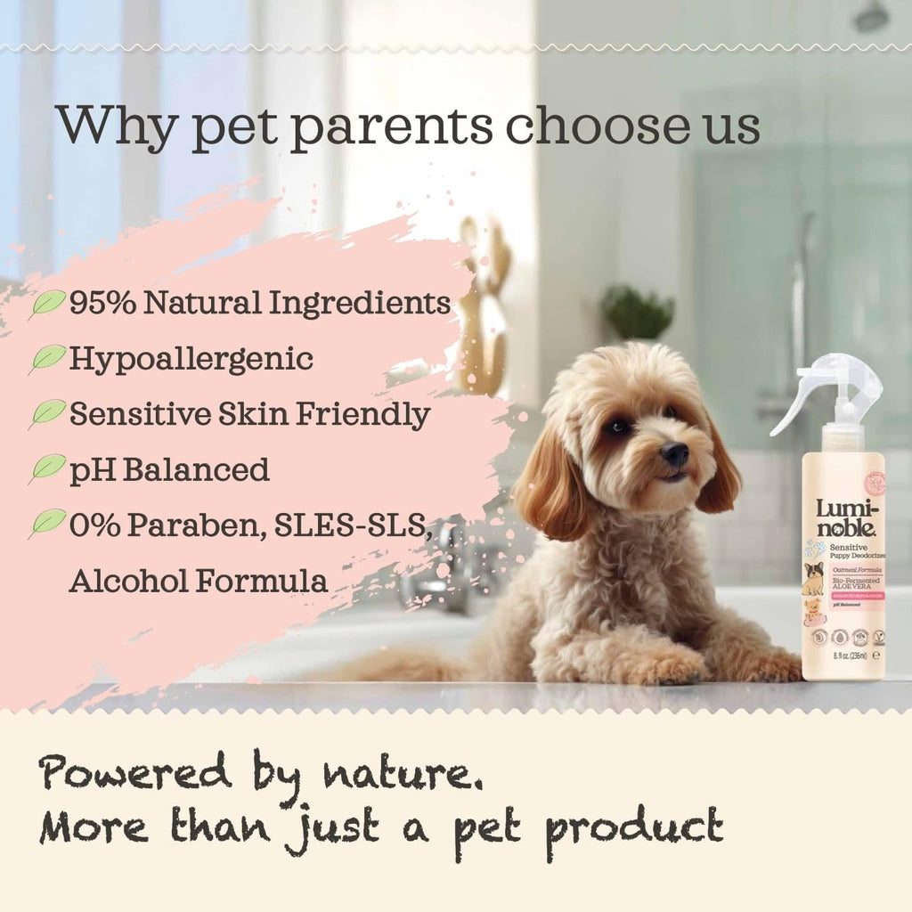 Back of Lumi-Noble dog deodorizer bottle with usage instructions
