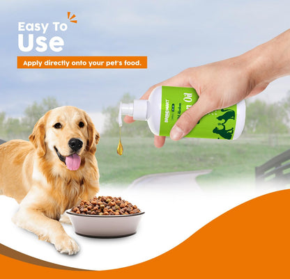 Healthy golden retriever dog with a glossy coat next to the Heapets salmon oil bottle.