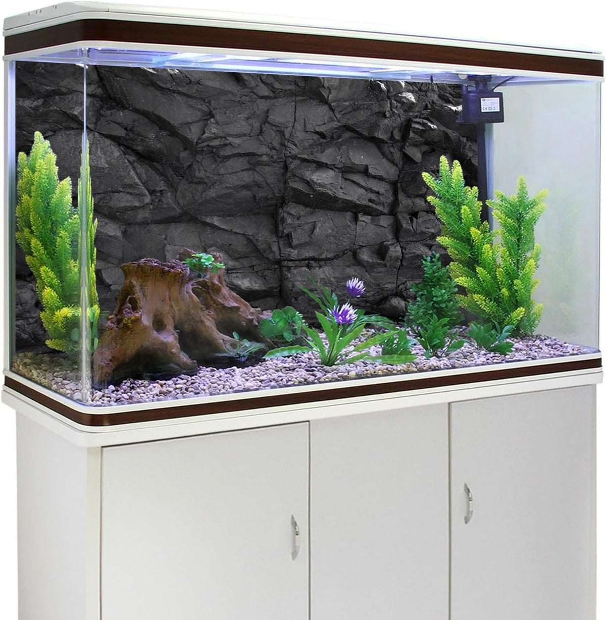 Awert rocky terrarium background displayed with decorative aquatic rocks and plants.