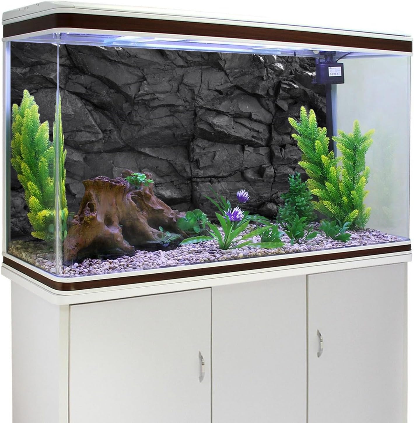 AWERT rocky terrarium background highlighting the forty-eight by twenty-four inches dimensions on a reptile enclosure.