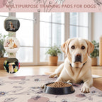 Pink daisy patterned dog mat inside a puppy playpen