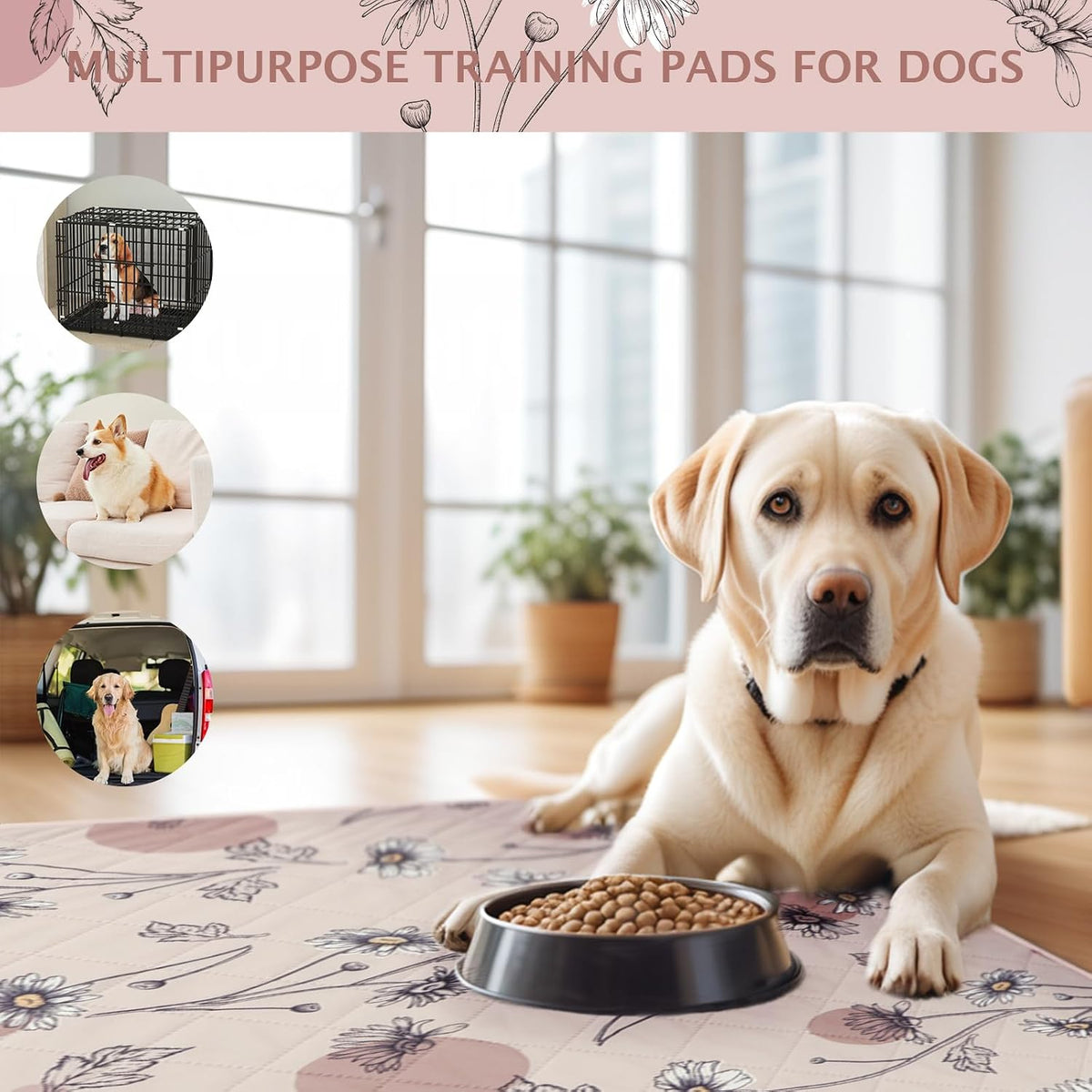Pink daisy patterned dog mat inside a puppy playpen
