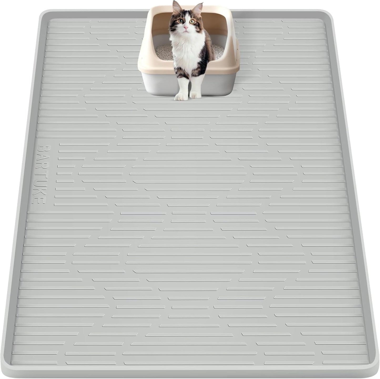 Bartuke silicone cat litter mat front view showcasing grey color and raised scatter control texture.