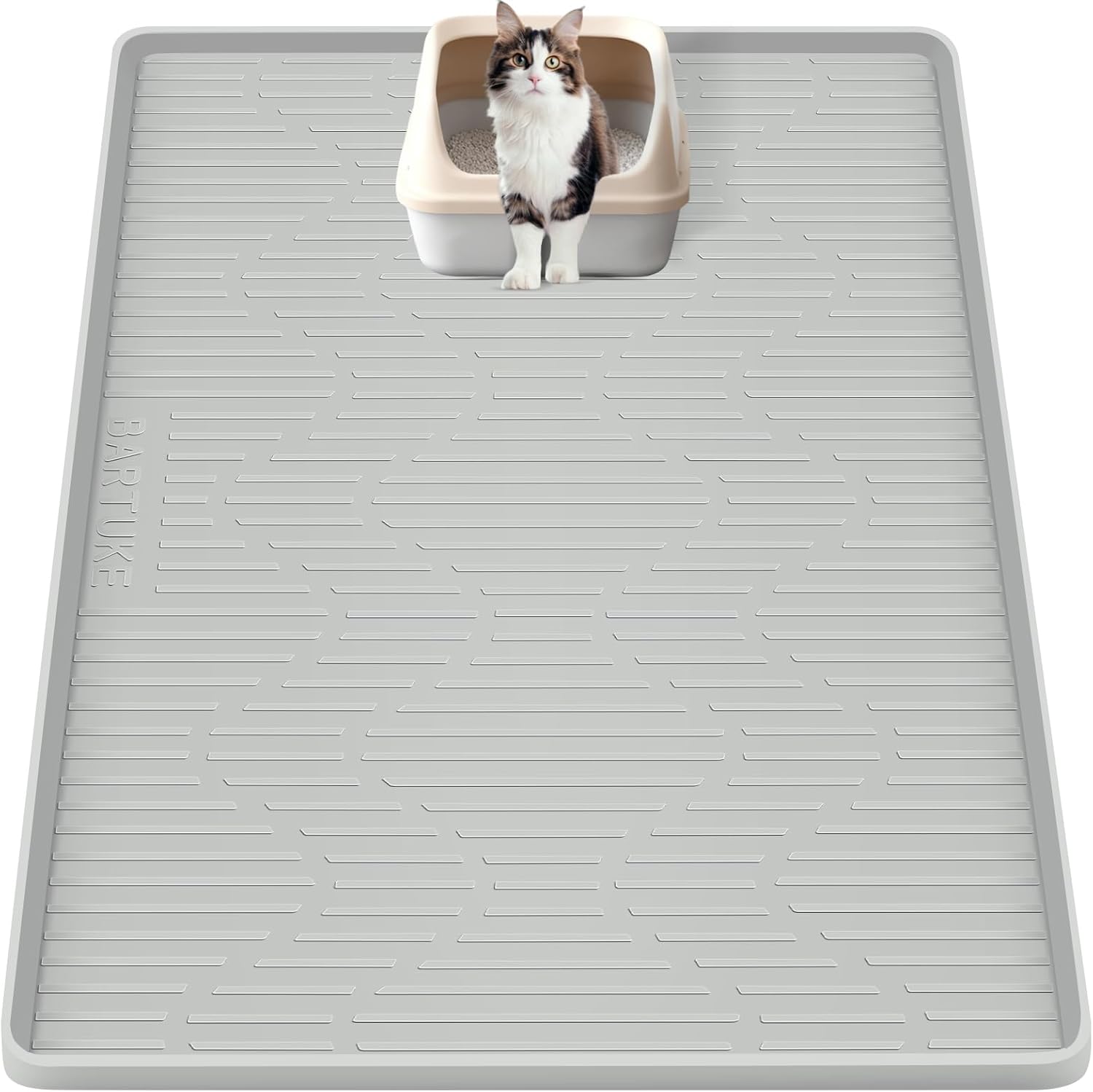Bartuke silicone cat litter mat front view showcasing grey color and raised scatter control texture.