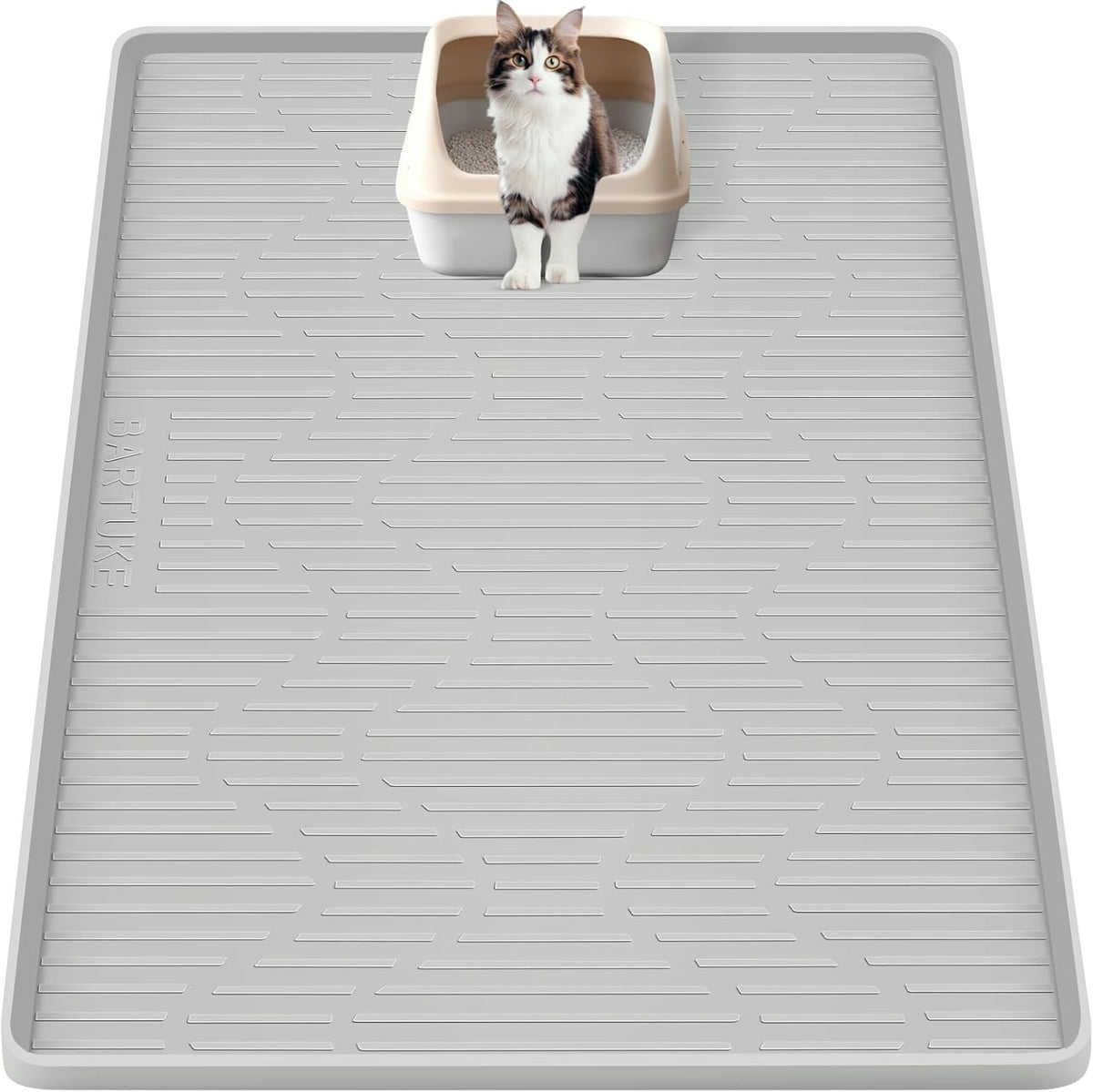 Bartuke silicone cat litter mat front view showcasing grey color and raised scatter control texture.
