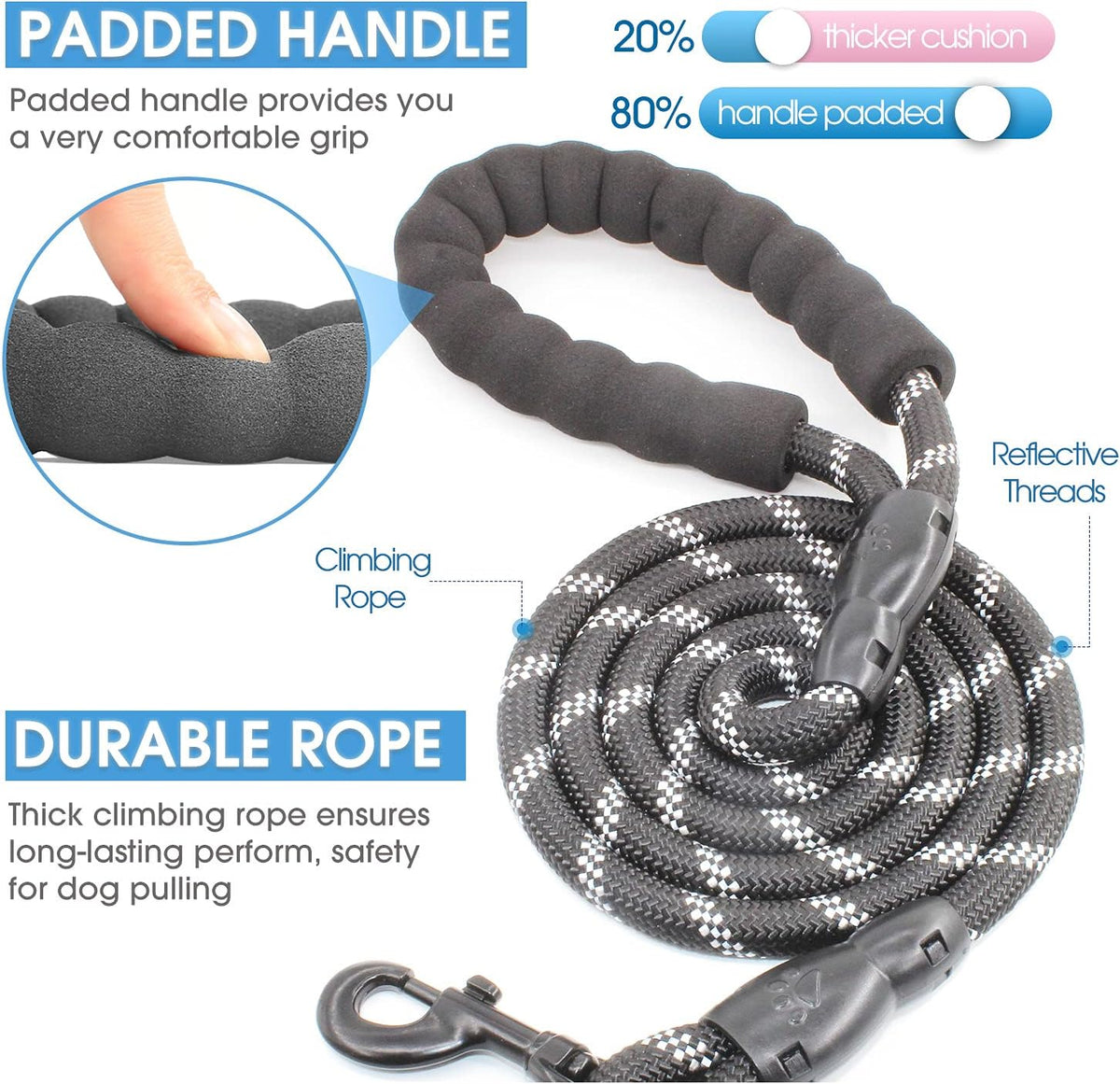 BAAPET reflective dog walking lead heavy duty climbing rope close up