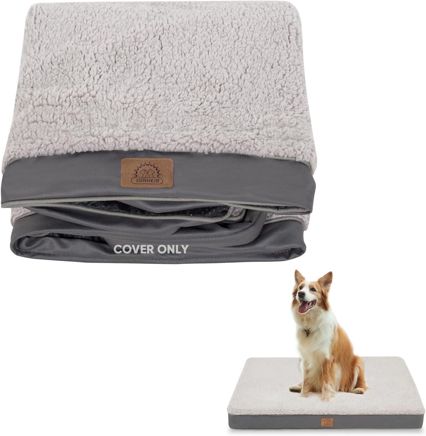 Sunheir washable large dog bed cover front view showing soft plush grey fabric texture.